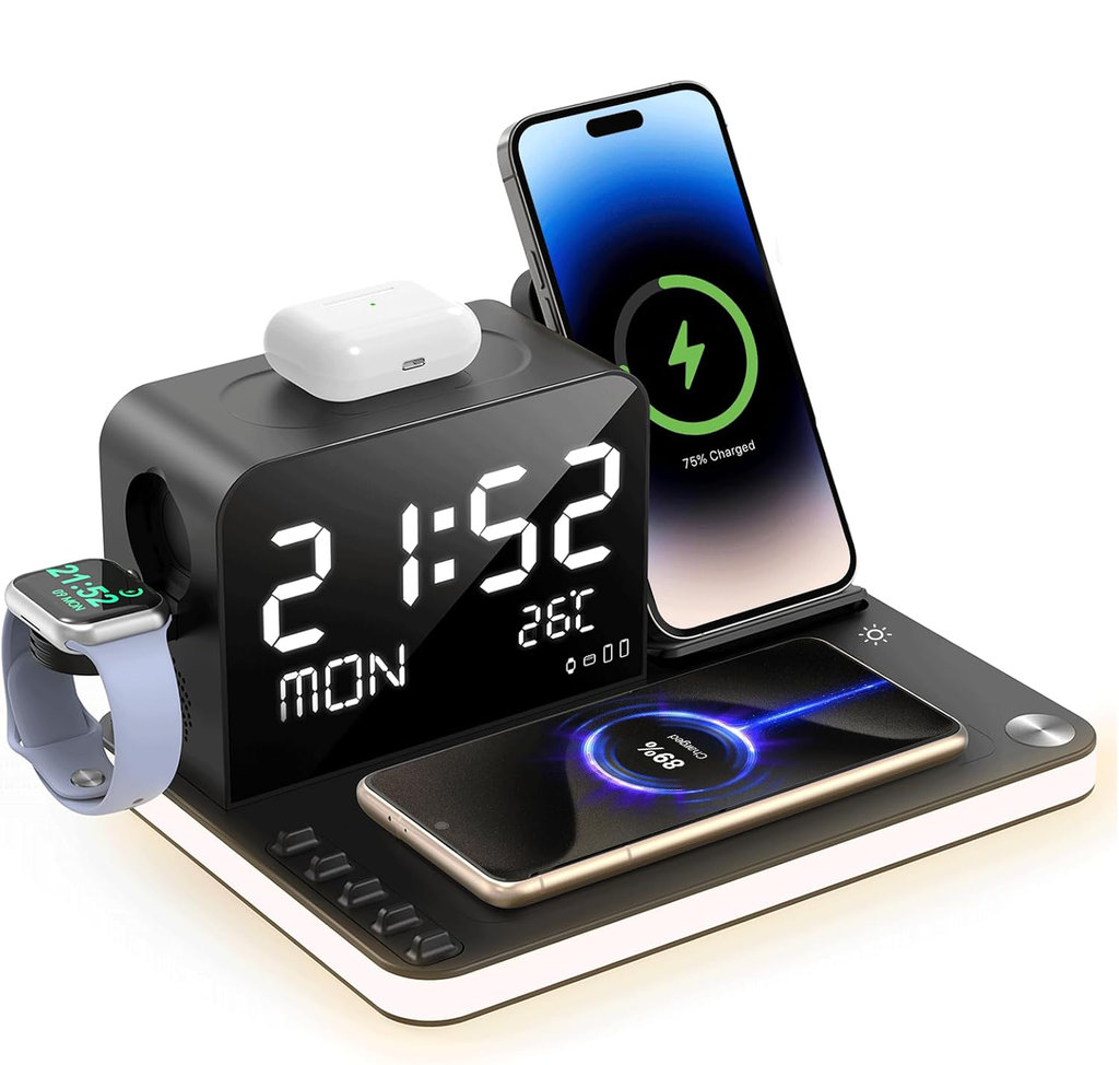 7-in-1 Dual Phone Wireless Charging Dock with Clock & Light, 33W Fast Charger for iPhone, Apple Watch & AirPods
