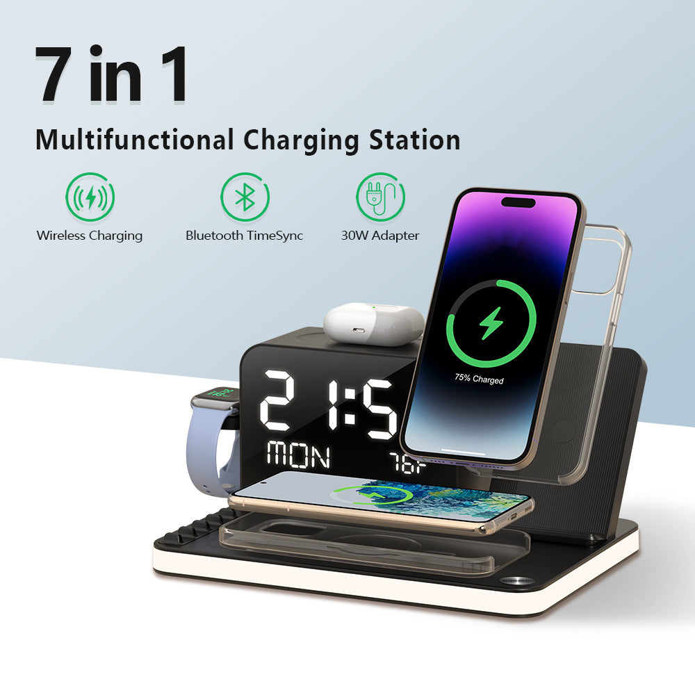 7-in-1 Dual Phone Wireless Charging Dock with Clock & Light, 33W Fast Charger for iPhone, Apple Watch & AirPods