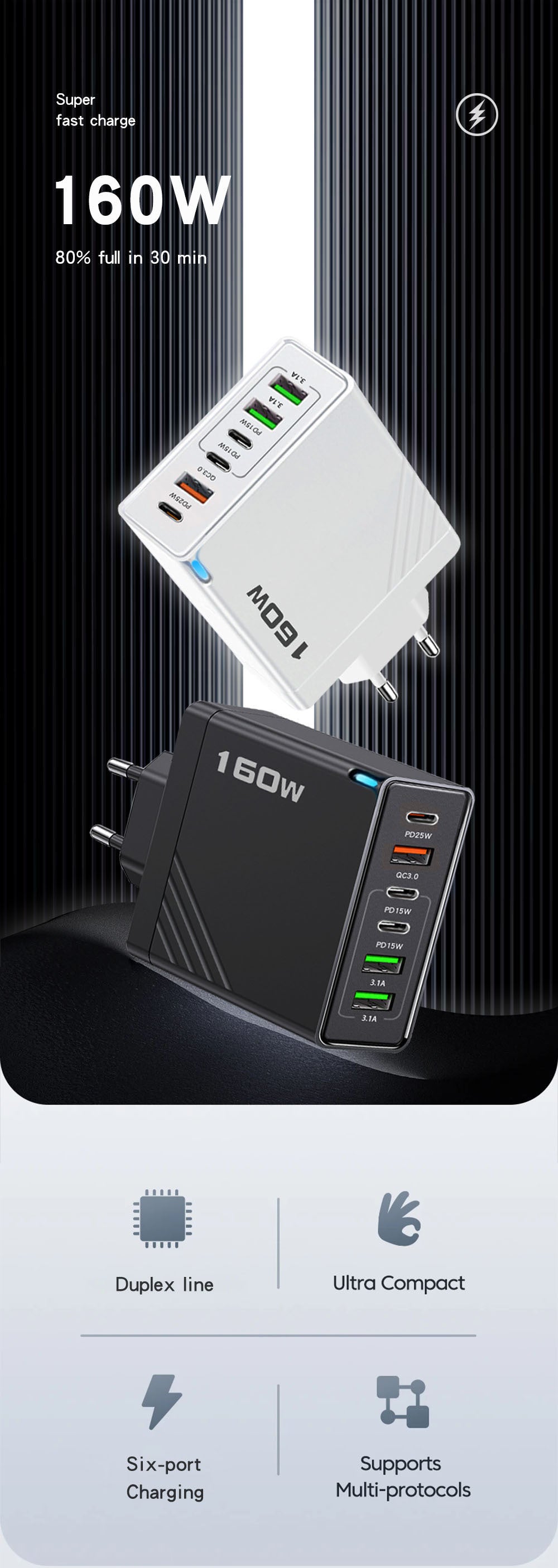 6-Port Multi-Device Fast Charger | 3C3U USB &amp; Type-C Charging Hub