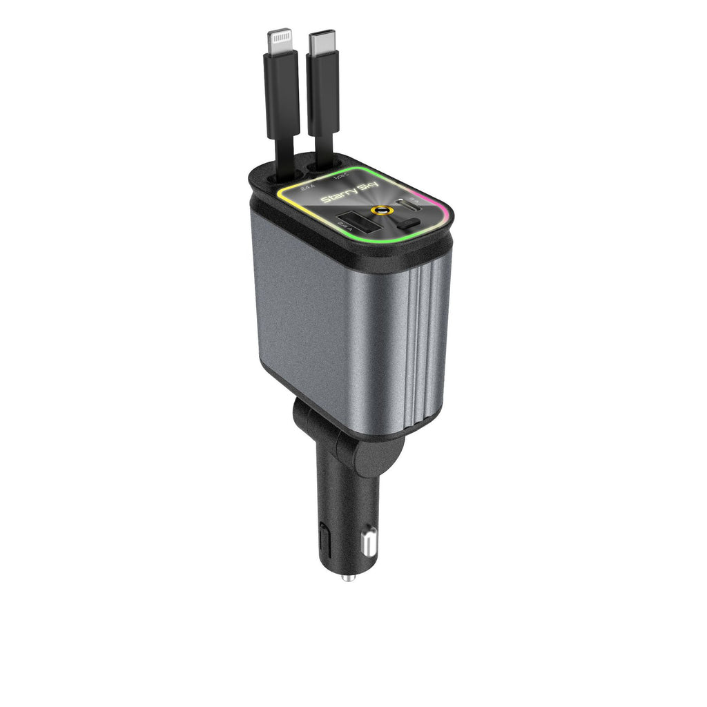4-in-1 Retractable Car Charger with Starlight | 66W USB-C Fast Car Charger Adapter | 2 USB Ports | Compatible with iPhones & Android Devices
