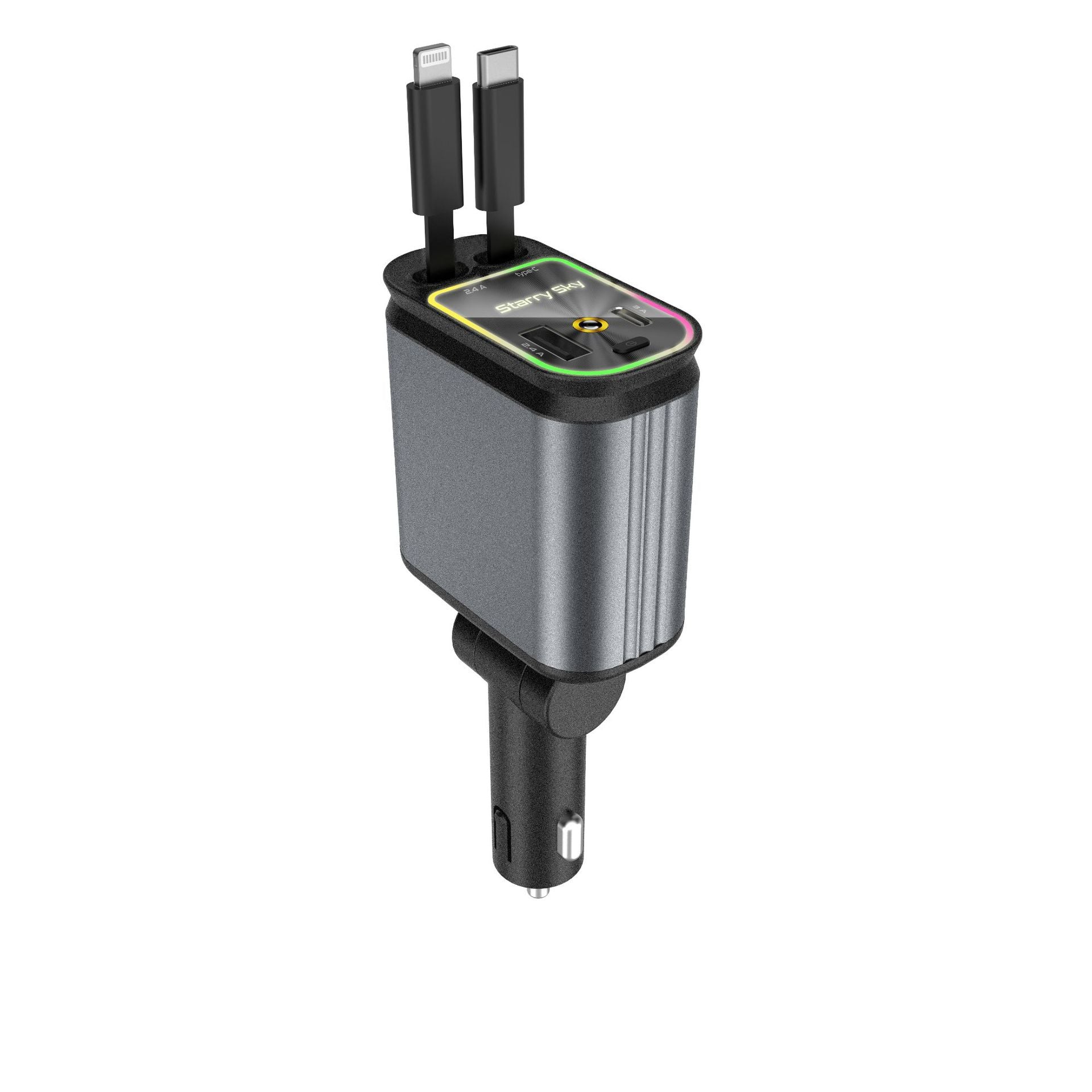 4-in-1 Retractable Car Charger with Starlight | 66W USB-C Fast Car Charger Adapter | 2 USB Ports | Compatible with iPhones & Android Devices
