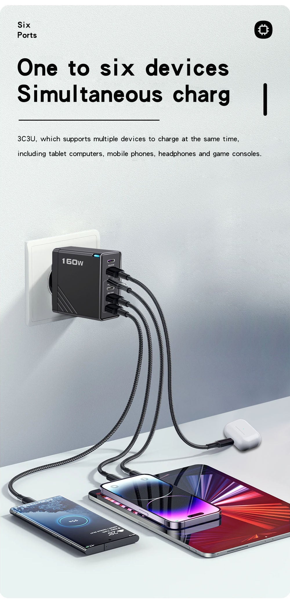 6-Port Multi-Device Fast Charger | 3C3U USB &amp; Type-C Charging Hub