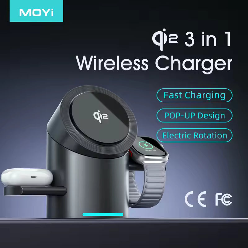 Qi2 3-in-1 Magnetic Wireless Charger – Fast Charging Station with Touch Rotation for iPhone 16/15/14 Pro Max, Apple Watch & AirPods