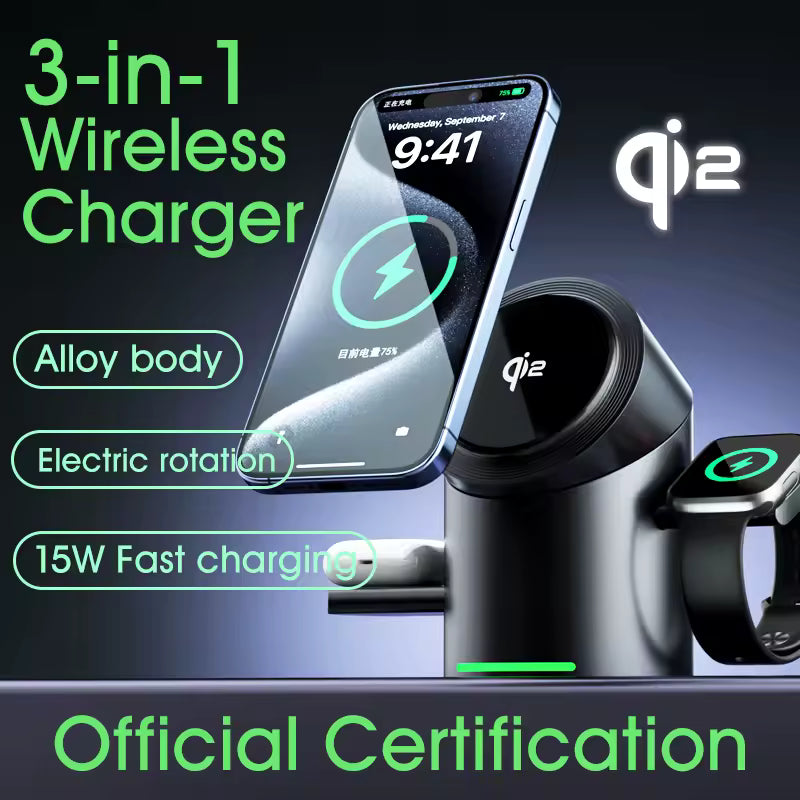 Qi2 3-in-1 Magnetic Wireless Charger – Fast Charging Station with Touch Rotation for iPhone 16/15/14 Pro Max, Apple Watch & AirPods