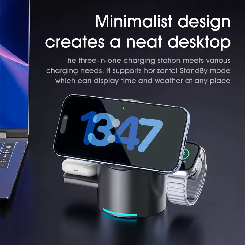 Qi2 3-in-1 Magnetic Wireless Charger – Fast Charging Station with Touch Rotation for iPhone 16/15/14 Pro Max, Apple Watch & AirPods