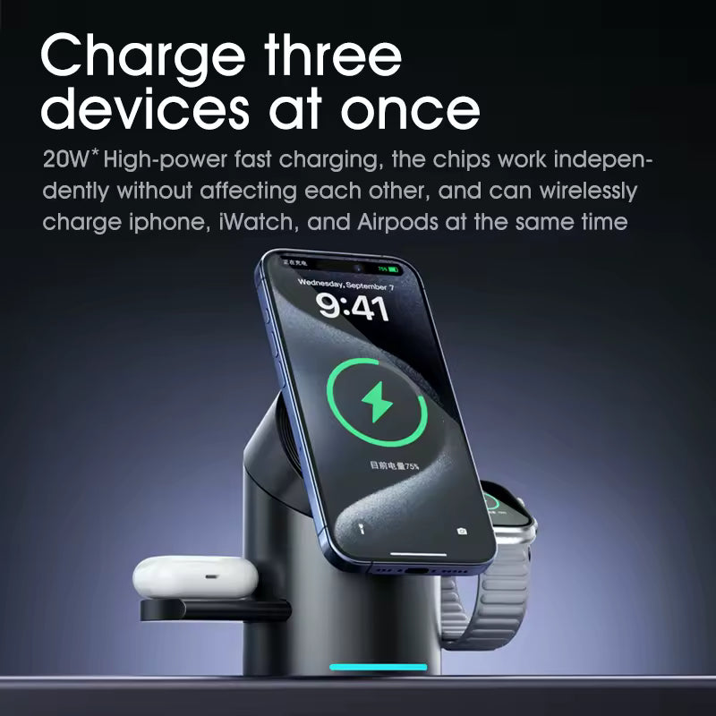 Qi2 3-in-1 Magnetic Wireless Charger – Fast Charging Station with Touch Rotation for iPhone 16/15/14 Pro Max, Apple Watch & AirPods