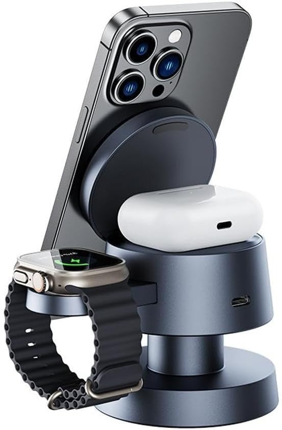 4-in-1 Magnetic Wireless Charging Station with Mushroom Night Light, Fast Charger for Phone, Watch & Earbuds, Multi-Functional Desk Charger with Phone Holder