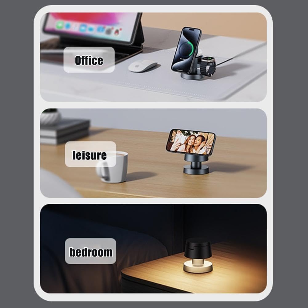 4-in-1 Magnetic Wireless Charging Station with Mushroom Night Light, Fast Charger for Phone, Watch & Earbuds, Multi-Functional Desk Charger with Phone Holder