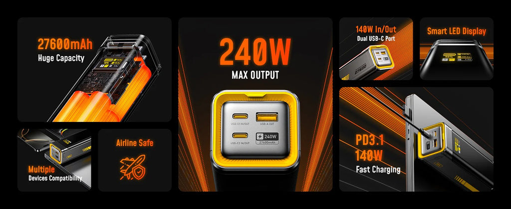 AOHI Future Starship 27600mAh Power Bank – 240W PD 3.1 Fast Charging Portable Charger for Laptops, iPhones, iPads & MacBooks