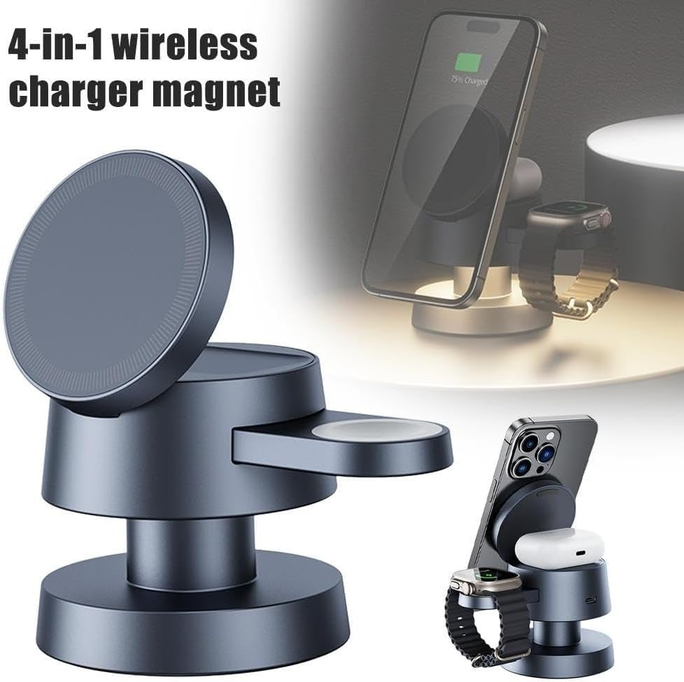 4-in-1 Magnetic Wireless Charging Station with Mushroom Night Light, Fast Charger for Phone, Watch & Earbuds, Multi-Functional Desk Charger with Phone Holder