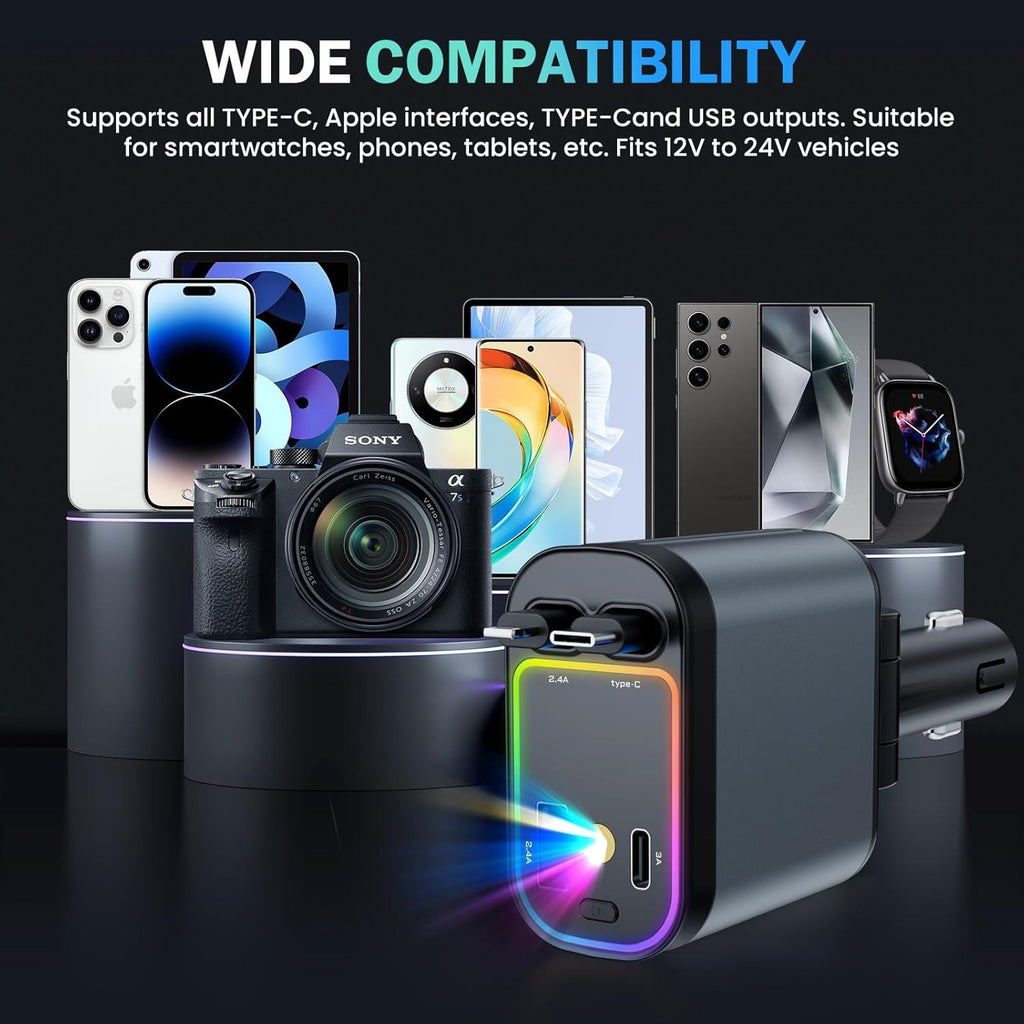 4-in-1 Retractable Car Charger with Starlight | 66W USB-C Fast Car Charger Adapter | 2 USB Ports | Compatible with iPhones & Android Devices