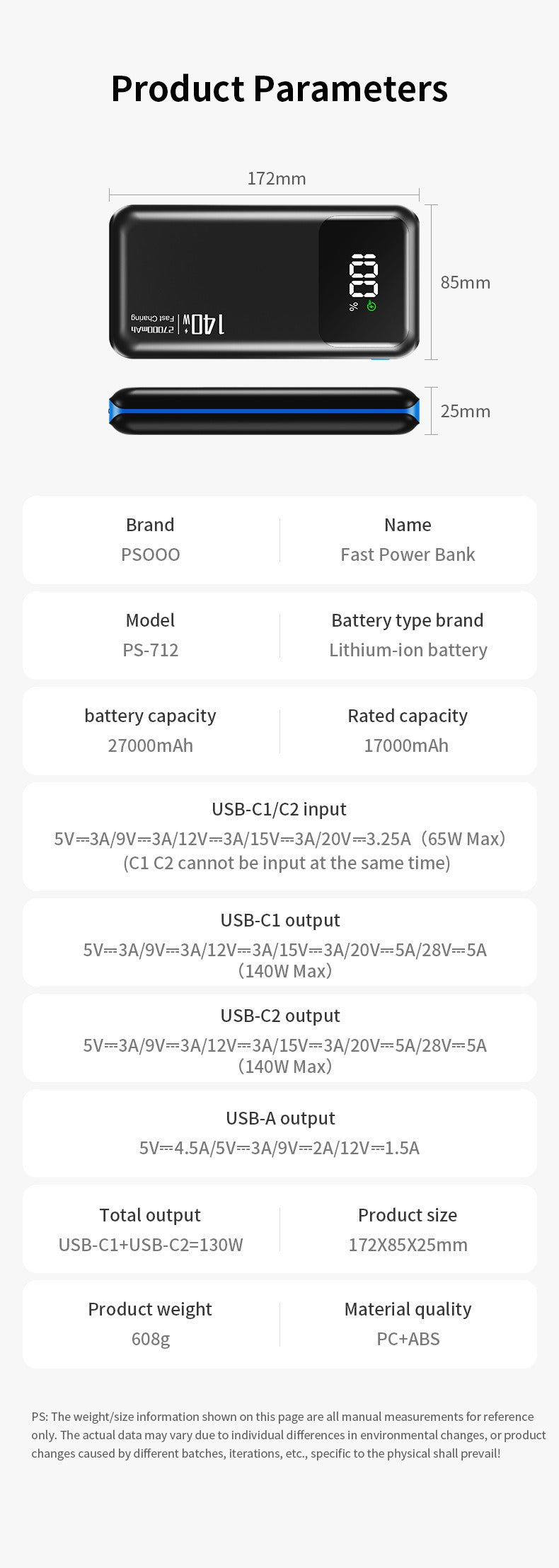 Laptop Power Bank 140W PD Fast Charging with Digital Display | Bidirectional Ultra-Large Capacity Mobile Power Bank