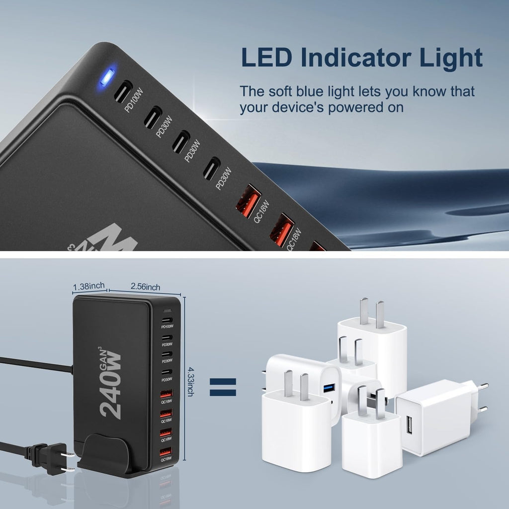 240W Gallium Nitride (GaN) Charger – 20V 5A High-Power Universal Desktop Charging Station for Smartphones, Tablets & Laptops
