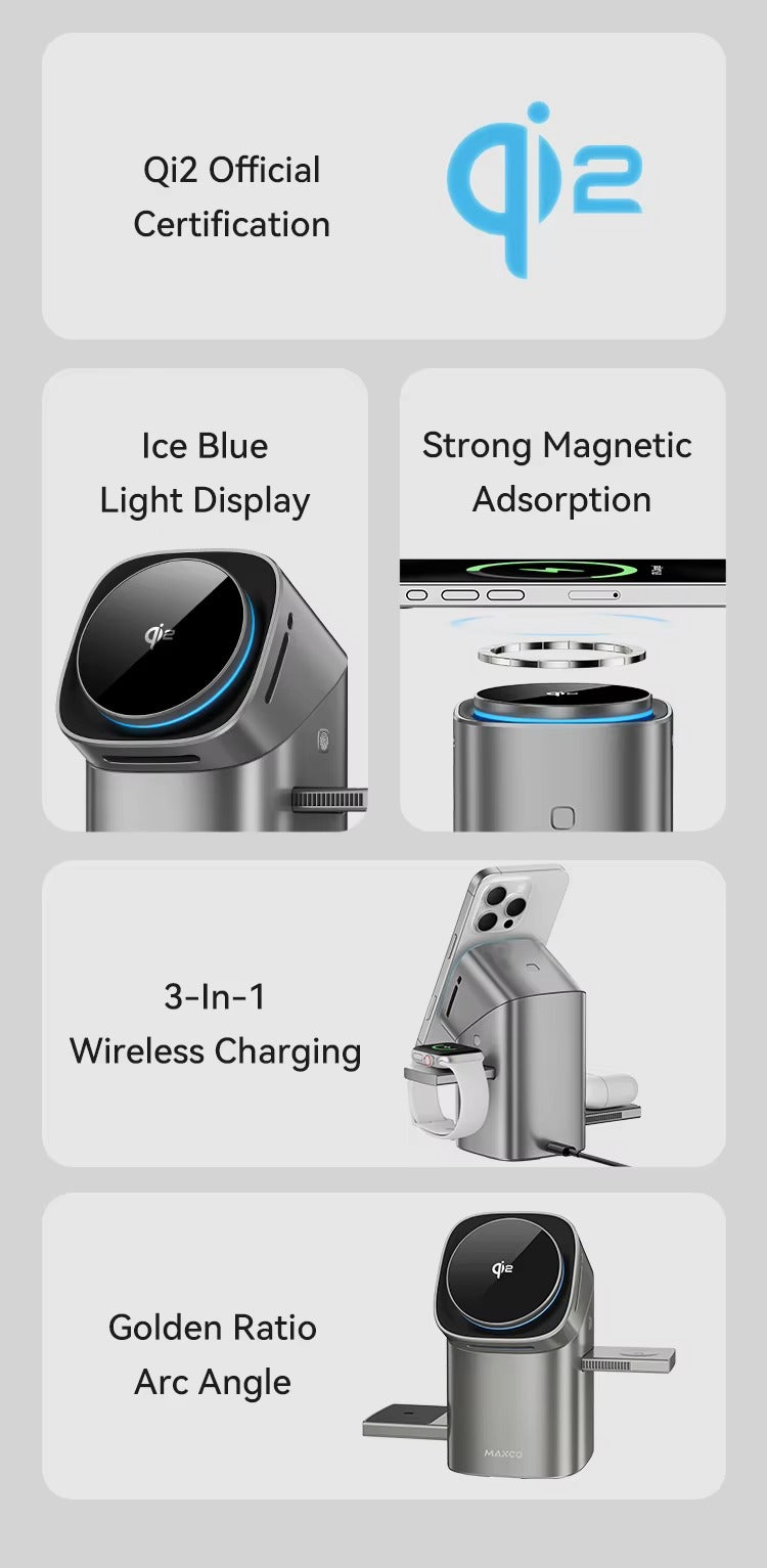 Qi2 3-in-1 Magnetic Wireless Charger with Touch Control & Electric Rotation | Fast Charging Dock for iPhone, Apple Watch & AirPods | Compatible with Samsung Devices