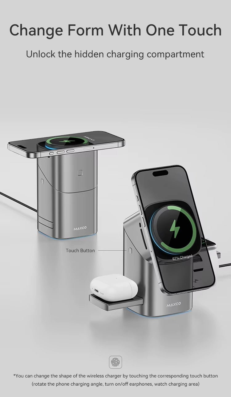 Qi2 3-in-1 Magnetic Wireless Charger with Touch Control & Electric Rotation | Fast Charging Dock for iPhone, Apple Watch & AirPods | Compatible with Samsung Devices