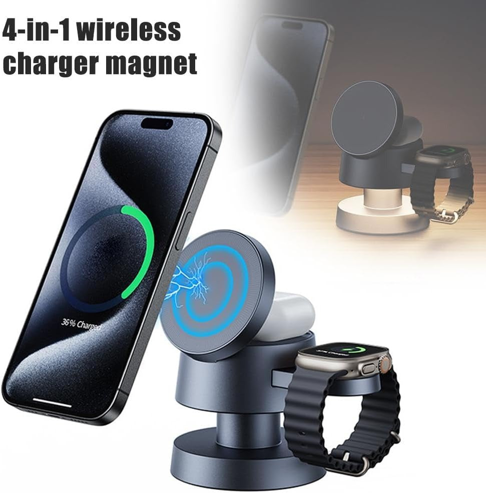 4-in-1 Magnetic Wireless Charging Station with Mushroom Night Light, Fast Charger for Phone, Watch & Earbuds, Multi-Functional Desk Charger with Phone Holder