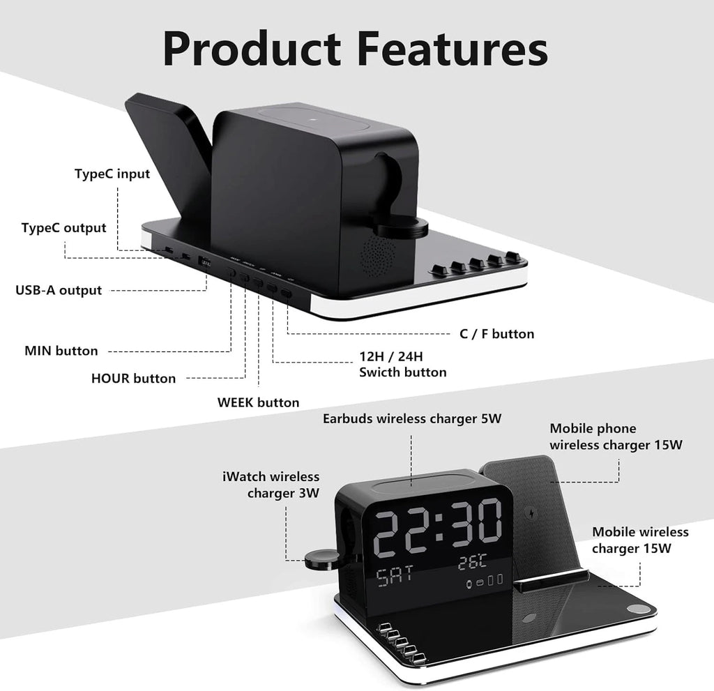 7-in-1 Dual Phone Wireless Charging Dock with Clock & Light, 33W Fast Charger for iPhone, Apple Watch & AirPods